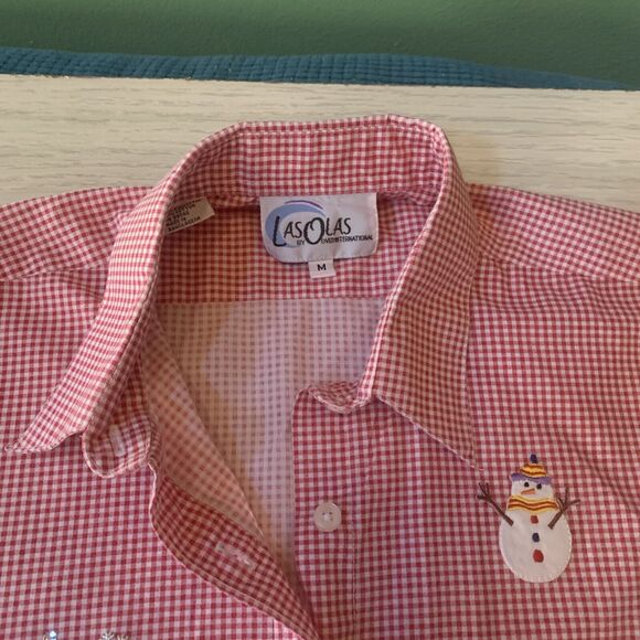Las Olas Womens Size Medium Embroidered Blouse Red‎ White Checkers Long Sleeve - Picture 3 of 10